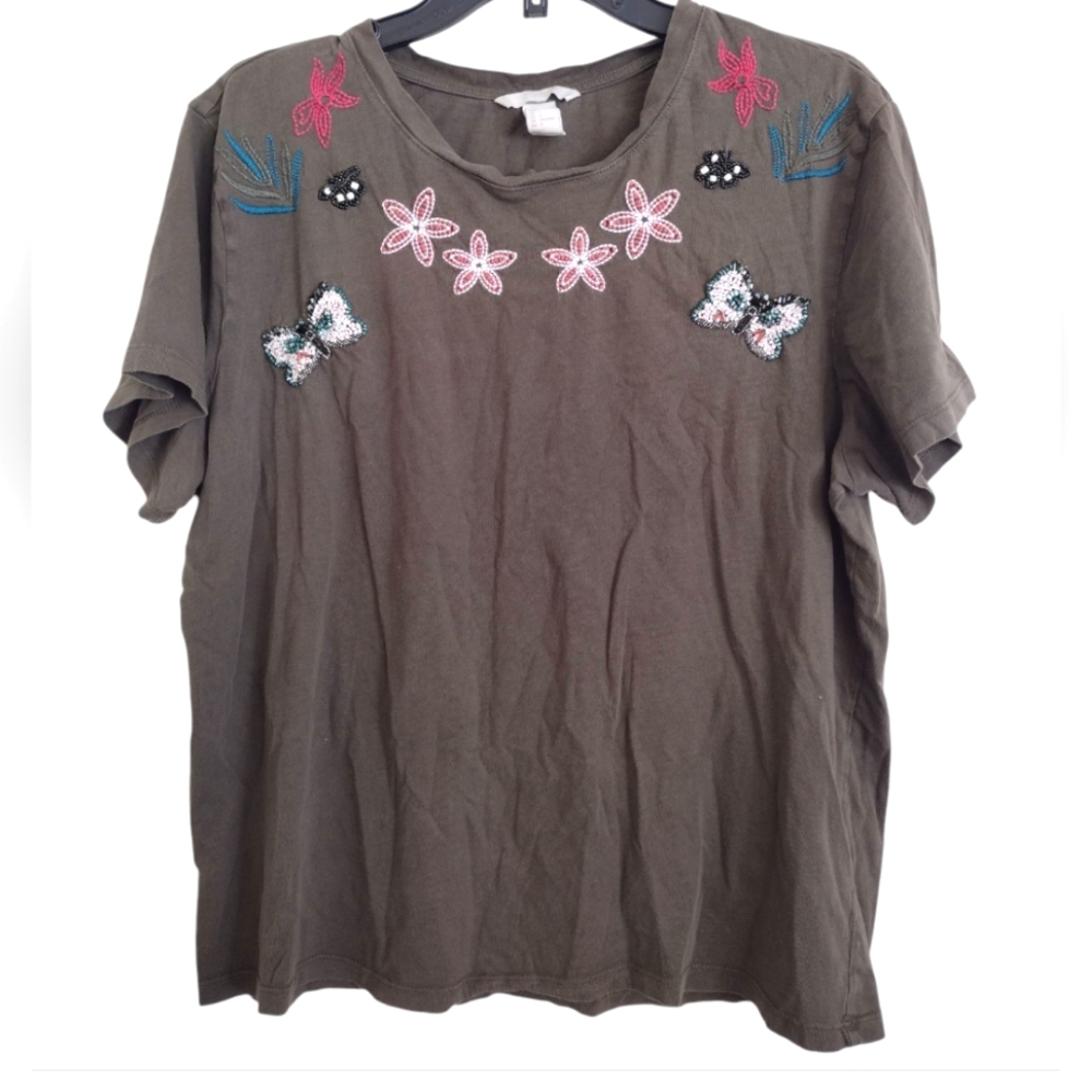 H&M Beaded 100% Cotton Olive Green T-shirt Size Large